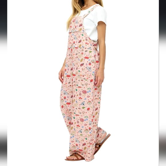 👜Cute Whimsical Mushroom And Bug Print Pink Overalls, Wide Leg - Picture 2 of 5